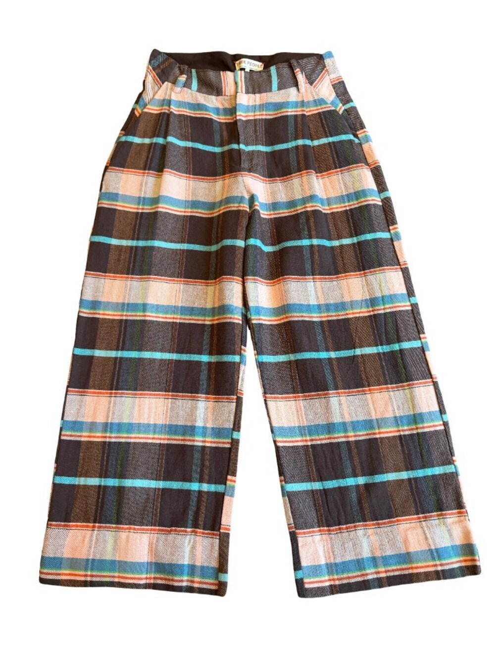 Free People Plaid Back Buckle Cotton Pants Wide Leg Bold Trousers Size 10 NWT - Picture 2 of 16